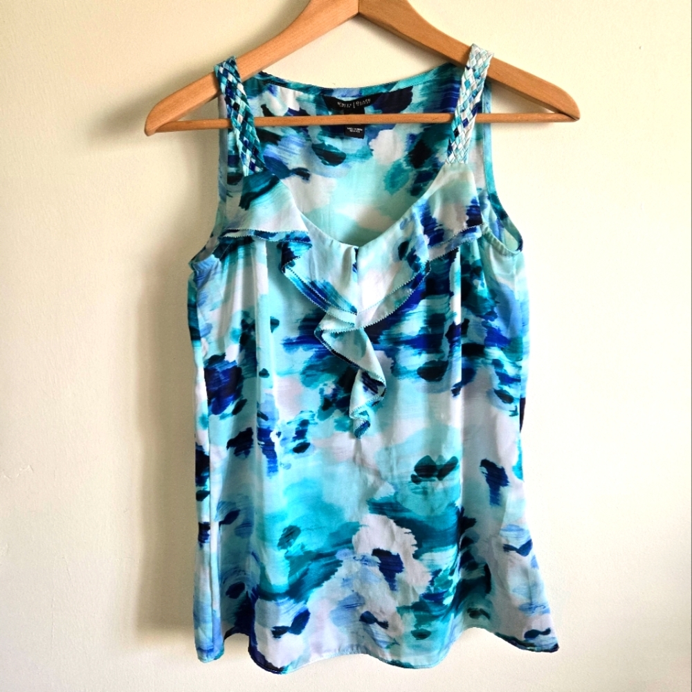 White House Black Market Ruffled XS Blue, Teal, White V-neck Shell Top